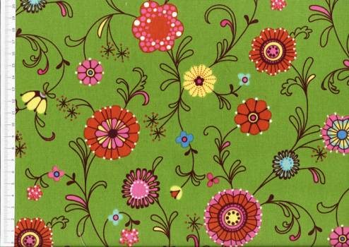 Хлопковая ткань (плотная) – цветы на зеленом